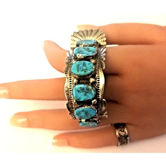 Vntg Signed Zuni 9pc Turquoise Watch Cuff Sterling 59g  (1585) - Picture 6 of 16